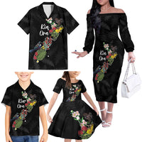 Kia Ora New Zealand Floral Personalized Family Matching Off The Shoulder Long Sleeve Dress and Hawaiian Shirt Black - Polynesian Pride
