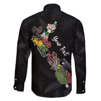 Kia Ora New Zealand Floral Personalized Family Matching Off The Shoulder Long Sleeve Dress and Hawaiian Shirt Black - Polynesian Pride