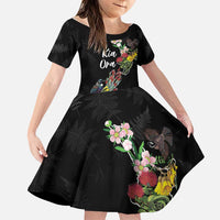 Kia Ora New Zealand Floral Personalized Family Matching Short Sleeve Bodycon Dress and Hawaiian Shirt Black - Polynesian Pride
