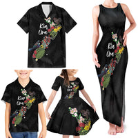 Kia Ora New Zealand Floral Personalized Family Matching Tank Maxi Dress and Hawaiian Shirt Black - Polynesian Pride