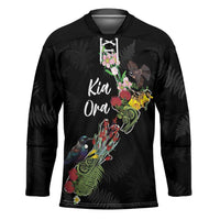Kia Ora New Zealand Floral Personalized Hockey Jersey Black LT7 Unisex Black - Polynesian Pride