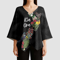 Kia Ora New Zealand Floral Personalized Kimono Sleeve Blouse Black LT7 - Polynesian Pride