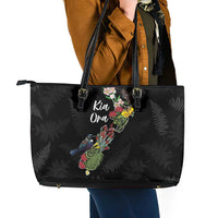 Kia Ora New Zealand Floral Leather Tote Bag Black LT7 - Polynesian Pride