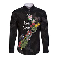 Kia Ora New Zealand Floral Personalized Long Sleeve Button Shirt Black LT7 Unisex Black - Polynesian Pride