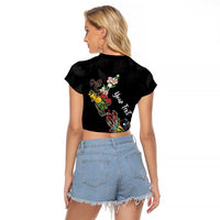 Kia Ora New Zealand Floral Personalized Raglan Cropped T Shirt Black LT7 - Polynesian Pride