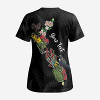 Kia Ora New Zealand Floral Personalized Scrub Top Black LT7 - Polynesian Pride