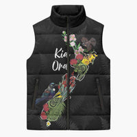 Kia Ora New Zealand Floral Personalized Sleeveless Puffer Jacket Black LT7 Unisex Black - Polynesian Pride