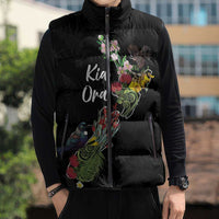 Kia Ora New Zealand Floral Personalized Sleeveless Puffer Jacket Black LT7 - Polynesian Pride