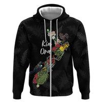 Kia Ora New Zealand Floral Personalized Zip Hoodie Black LT7 Zip Hoodie Black - Polynesian Pride