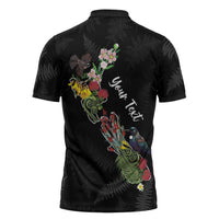 Kia Ora New Zealand Floral Personalized Zipper Polo Shirt Black LT7 - Polynesian Pride