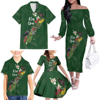 Kia Ora New Zealand Floral Personalized Family Matching Off The Shoulder Long Sleeve Dress and Hawaiian Shirt Sage Green - Polynesian Pride