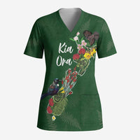 Kia Ora New Zealand Floral Personalized Scrub Top Sage Green - Polynesian Pride