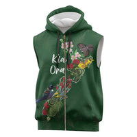 Kia Ora New Zealand Floral Personalized Sleeveless Zip Hoodie Sage Green LT7 Sage Green - Polynesian Pride