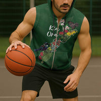 Kia Ora New Zealand Floral Personalized Sleeveless Zip Hoodie Sage Green LT7 - Polynesian Pride
