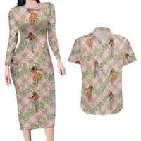 Beige Palaka Hula Girls Seamless Hawaii Aloha Couples Matching Long Sleeve Bodycon Dress and Hawaiian Shirt - Polynesian Pride