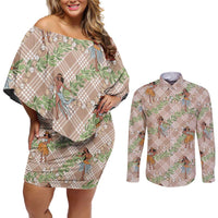Beige Palaka Hula Girls Seamless Hawaii Aloha Couples Matching Off Shoulder Short Dress and Long Sleeve Button Shirt - Polynesian Pride