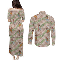Beige Palaka Hula Girls Seamless Hawaii Aloha Couples Matching Puletasi and Long Sleeve Button Shirt LT7 - Polynesian Pride