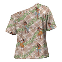 Beige Palaka Hula Girls Seamless Hawaii Aloha Cross Shoulder Shirt LT7 - Polynesian Pride