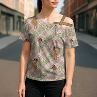 Beige Palaka Hula Girls Seamless Hawaii Aloha Cross Shoulder Shirt LT7 - Polynesian Pride