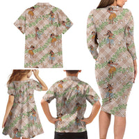 Beige Palaka Hula Girls Seamless Hawaii Aloha Family Matching Long Sleeve Bodycon Dress and Hawaiian Shirt - Polynesian Pride