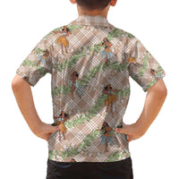 Beige Palaka Hula Girls Seamless Hawaii Aloha Family Matching Off The Shoulder Long Sleeve Dress and Hawaiian Shirt - Polynesian Pride