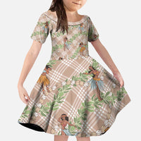 Beige Palaka Hula Girls Seamless Hawaii Aloha Family Matching Off The Shoulder Long Sleeve Dress and Hawaiian Shirt - Polynesian Pride
