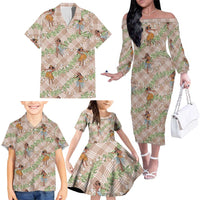 Beige Palaka Hula Girls Seamless Hawaii Aloha Family Matching Off The Shoulder Long Sleeve Dress and Hawaiian Shirt - Polynesian Pride