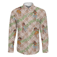 Beige Palaka Hula Girls Seamless Hawaii Aloha Family Matching Off The Shoulder Long Sleeve Dress and Hawaiian Shirt - Polynesian Pride