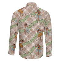 Beige Palaka Hula Girls Seamless Hawaii Aloha Family Matching Off The Shoulder Long Sleeve Dress and Hawaiian Shirt - Polynesian Pride