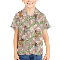 Beige Palaka Hula Girls Seamless Hawaii Aloha Family Matching Off The Shoulder Long Sleeve Dress and Hawaiian Shirt - Polynesian Pride