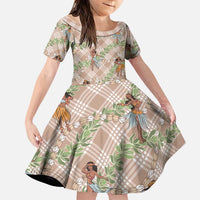 Beige Palaka Hula Girls Seamless Hawaii Aloha Family Matching Off Shoulder Maxi Dress and Hawaiian Shirt - Polynesian Pride