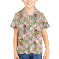 Beige Palaka Hula Girls Seamless Hawaii Aloha Family Matching Off Shoulder Maxi Dress and Hawaiian Shirt - Polynesian Pride