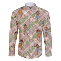 Beige Palaka Hula Girls Seamless Hawaii Aloha Family Matching Off Shoulder Short Dress and Hawaiian Shirt LT7 Dad's Shirt - Long Sleeve Beige - Polynesian Pride