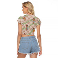Beige Palaka Hula Girls Seamless Hawaii Aloha Raglan Cropped T Shirt LT7 - Polynesian Pride