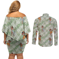 Mint Palaka Hula Girls Seamless Hawaii Aloha Couples Matching Off Shoulder Short Dress and Long Sleeve Button Shirt - Polynesian Pride