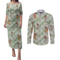 Mint Palaka Hula Girls Seamless Hawaii Aloha Couples Matching Puletasi and Long Sleeve Button Shirt - Polynesian Pride