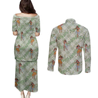 Mint Palaka Hula Girls Seamless Hawaii Aloha Couples Matching Puletasi and Long Sleeve Button Shirt - Polynesian Pride