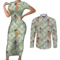 Mint Palaka Hula Girls Seamless Hawaii Aloha Couples Matching Short Sleeve Bodycon Dress and Long Sleeve Button Shirt LT7 Mint - Polynesian Pride