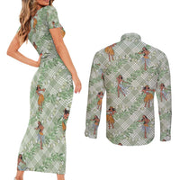 Mint Palaka Hula Girls Seamless Hawaii Aloha Couples Matching Short Sleeve Bodycon Dress and Long Sleeve Button Shirt - Polynesian Pride