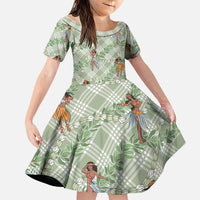 Mint Palaka Hula Girls Seamless Hawaii Aloha Family Matching Off The Shoulder Long Sleeve Dress and Hawaiian Shirt - Polynesian Pride