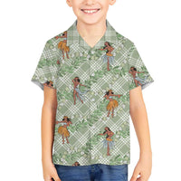 Mint Palaka Hula Girls Seamless Hawaii Aloha Family Matching Off The Shoulder Long Sleeve Dress and Hawaiian Shirt - Polynesian Pride
