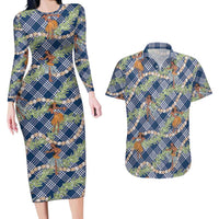 Navy Blue Palaka Hula Girls Seamless Hawaii Aloha Couples Matching Long Sleeve Bodycon Dress and Hawaiian Shirt - Polynesian Pride