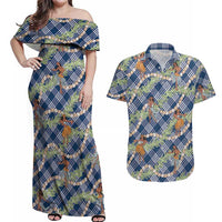 Navy Blue Palaka Hula Girls Seamless Hawaii Aloha Couples Matching Off Shoulder Maxi Dress and Hawaiian Shirt - Polynesian Pride