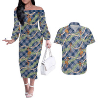 Navy Blue Palaka Hula Girls Seamless Hawaii Aloha Couples Matching Off The Shoulder Long Sleeve Dress and Hawaiian Shirt LT7 Navy Blue - Polynesian Pride