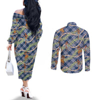 Navy Blue Palaka Hula Girls Seamless Hawaii Aloha Couples Matching Off The Shoulder Long Sleeve Dress and Long Sleeve Button Shirt - Polynesian Pride