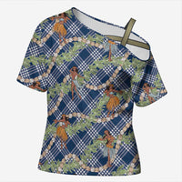 Navy Blue Palaka Hula Girls Seamless Hawaii Aloha Cross Shoulder Shirt LT7 Female Navy Blue - Polynesian Pride