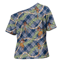 Navy Blue Palaka Hula Girls Seamless Hawaii Aloha Cross Shoulder Shirt LT7 - Polynesian Pride