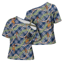 Navy Blue Palaka Hula Girls Seamless Hawaii Aloha Cross Shoulder Shirt - Polynesian Pride