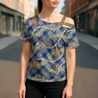 Navy Blue Palaka Hula Girls Seamless Hawaii Aloha Cross Shoulder Shirt LT7 - Polynesian Pride