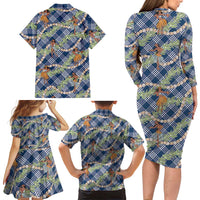 Navy Blue Palaka Hula Girls Seamless Hawaii Aloha Family Matching Long Sleeve Bodycon Dress and Hawaiian Shirt - Polynesian Pride